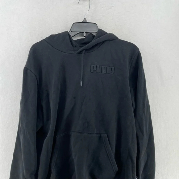 Puma Hoodie Men's Sz M Black Embossed Chest Logo Drawstring Ribbed Trim Pullover - Picture 6 of 11